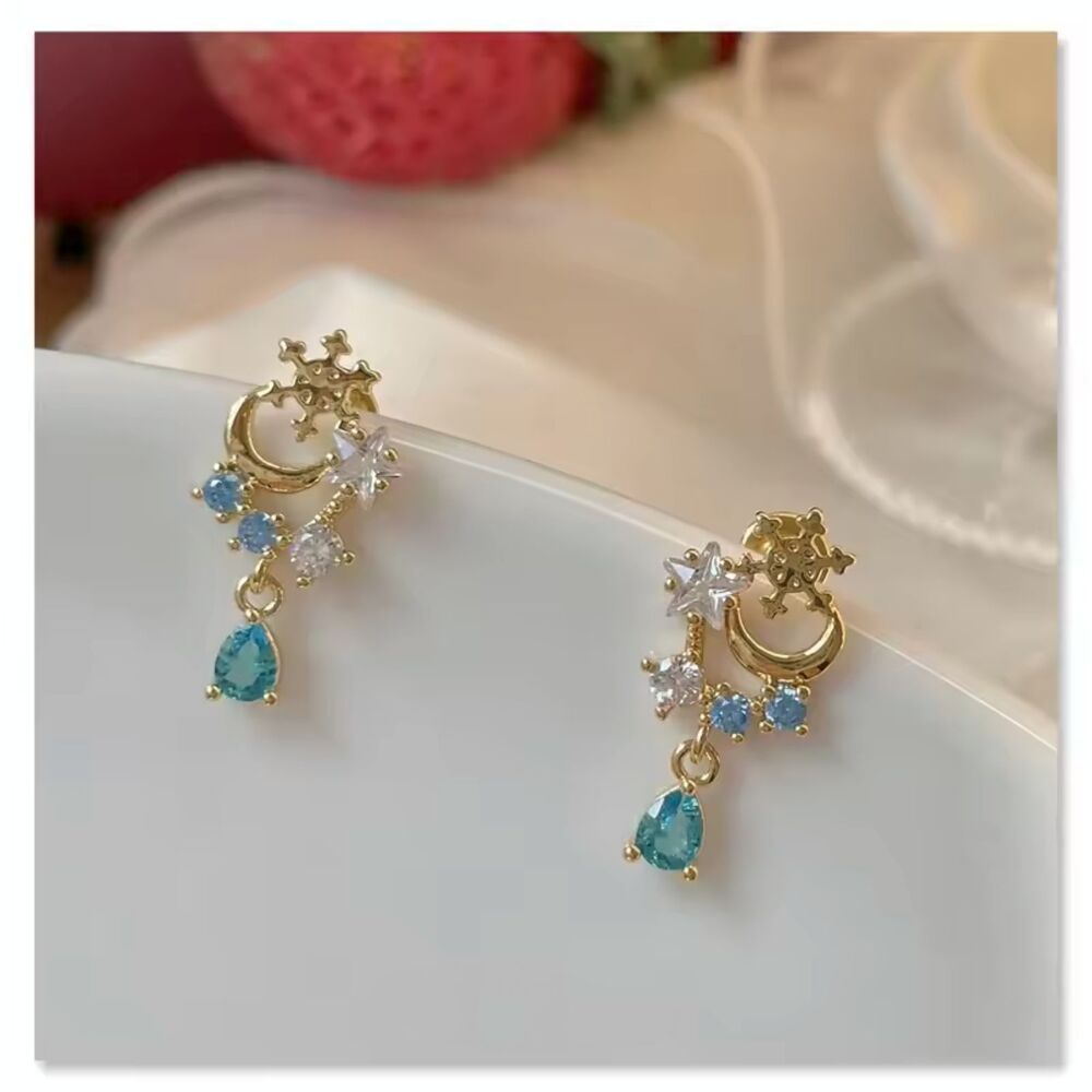 Dainty Gold Celestial Moon & Star Drop Earrings – Blue Crystal Dangle Earrings